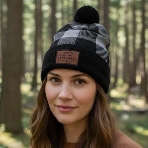 Buffalo Plaid Leather Patch Knit Pom Pom Beanie Hat for Her Pacific Northwest PNW Girl Cold Weather Winter Holiday Gift