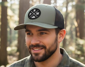 Pacific Northwest Embroidered Trucker Hat Richardson 112 Snapback PNW Pine Tree Circle Badge Outdoors Gift
