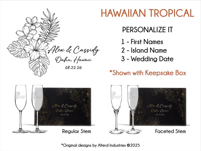 Hawaiian Islands Destination Wedding Personalized Champagne Flutes Keepsake Box, Wedding Toasting Glasses Bride and Groom Engraved Gift Hawaiian Tropical