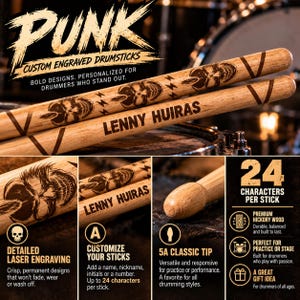 May include: Two light brown wooden drumsticks featuring laser-engraved skull designs and the text LENNY HUIRAS. The sticks include 5A classic tips and are made of hickory wood. The image displays text including PUNK CUSTOM ENGRAVED DRUMSTICKS.