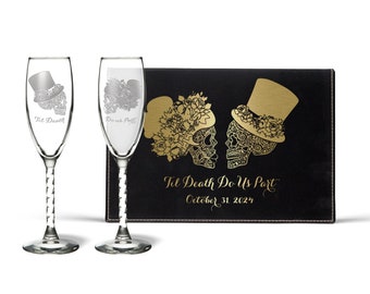 Sugar Skull Wedding Engraved Champagne Flutes Personalized Wedding Day Gift Box Skull Wedding Toasting Champagne Glasses Bride and Groom