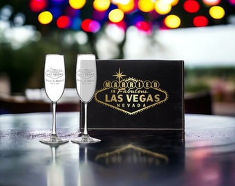 Married in Las Vegas Engraved Champagne Flutes and Keepsake Box Personalized with Names and Date Wedding Toast Toasting Champagne Glasses