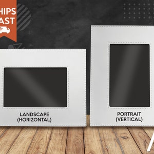 May include: Two white rectangular picture frames with visible stitching along the edges. The left frame is oriented in landscape position with the text LANDSCAPE (HORIZONTAL) below it. The right frame is in portrait position with the text PORTRAIT (VERTICAL) below it.