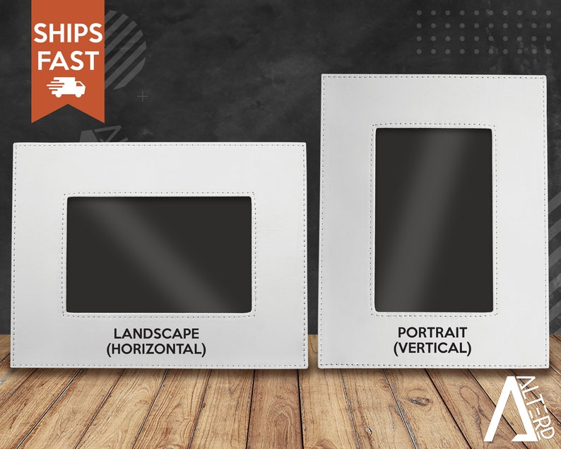 May include: Two white rectangular picture frames with visible stitching along the edges. The left frame is oriented in landscape position with the text LANDSCAPE (HORIZONTAL) below it. The right frame is in portrait position with the text PORTRAIT (VERTICAL) below it.