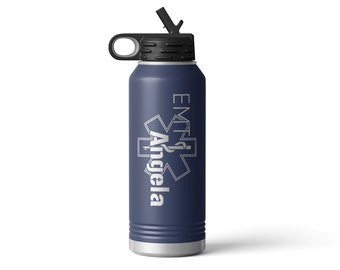 EMT Paramedic Star of Life Medical Student Personalized Engraved 32 oz Water Bottle with Straw or Tumbler Cup Travel Coffee Mug with Lid