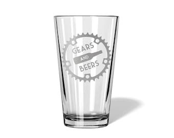 Beers and Gears Pint Glass, Bicycle Glass, Bike Glasses, Cycle Race Gift, Cycling Gifts for Men, Fathers Day Bike, Gifts for Him SHIPS FAST