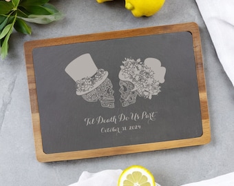 Til Death Do Us Part Sugar Skull Skeleton Bride and Groom Bamboo Cutting Board Personalized Wedding Anniversary Gift for the Couple