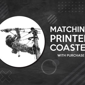 May include: A black and white circular graphic featuring a utility worker climbing a wooden pole to reach power lines. The text to the right reads MATCHING PRINTED COASTER WITH PURCHASE against a dark background with geometric shapes.