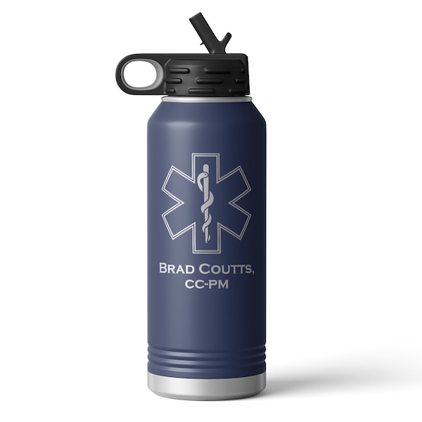 Paramedic EMT Star of Life Medical Student Personalized Engraved Water Bottle with Straw or Tumbler Cup Travel Coffee Mug