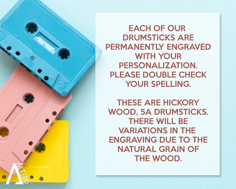 May include: A colorful image featuring three vintage cassette tapes in blue, pink, and yellow, arranged diagonally. A white card displays text about personalized hickory wood drumsticks, including details about engraving and wood grain variations.