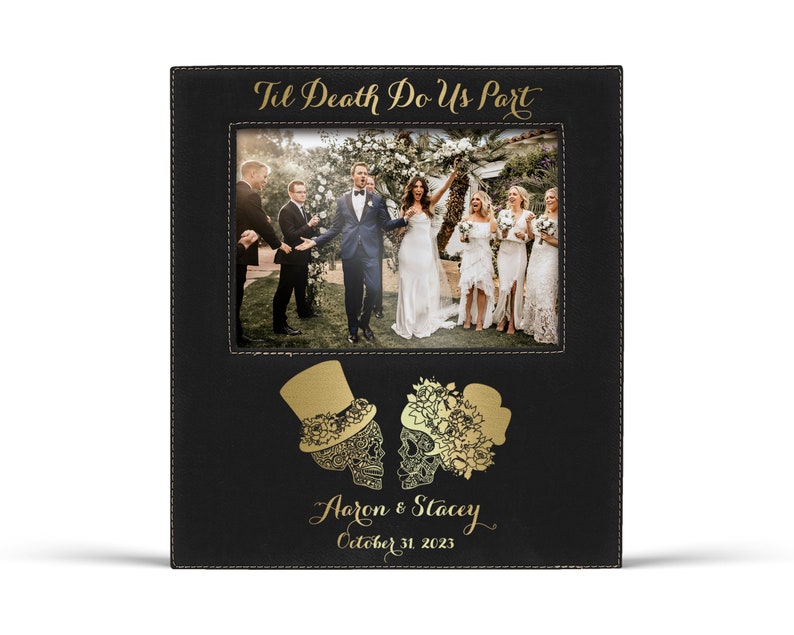 Til Death Do Us Part Sugar Skull Skeleton Bride and Groom Personalized Wedding Picture Frame Anniversary for Couple Gift for Newlyweds Mr & Mrs Black/Gold