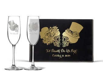 Lesbian Skeleton Mrs and Mrs Sugar Skull Halloween Wedding Personalized Champagne Flutes Toasting Glasses Set with Optional Keepsake Box