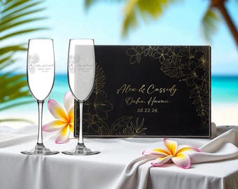 Personalized Champagne Flutes and Keepsake Box for Hawaiian Tropical Island Destination Wedding or Anniversary - Engraved Toasting Glasses
