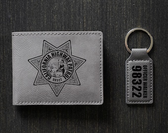 CHP Officer Personalized Badge Engraved Leather Bifold Wallet with Gift Box