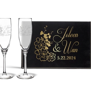 Personalized Cherry Blossom Champagne Flutes Wedding Day Keepsake Box | Wedding Toasting Champagne Glasses Bride and Groom Engraved Gift