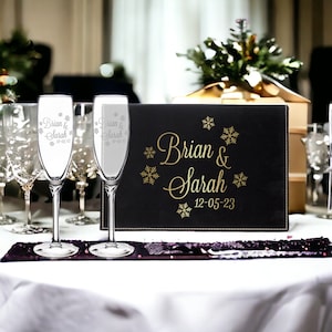 Personalized Winter Wonderland Snowflake Engraved Champagne Flutes Wedding Day Gift Box, Wedding Toasting Champagne Glasses Bride and Groom