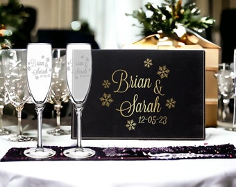 Personalized Winter Wonderland Snowflake Engraved Champagne Flutes Wedding Day Gift Box, Wedding Toasting Champagne Glasses Bride and Groom