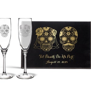 Sugar Skull Wedding Champagne Flutes - Wedding Flutes Personalized Gift Box - Skeleton Bride and Groom Toasting Glasses,  Free Shipping