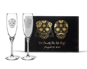 Sugar Skull Wedding Champagne Flutes Personalized Wedding Day Gift Box | Skull Wedding Toasting Champagne Glasses Skeleton Bride and Groom