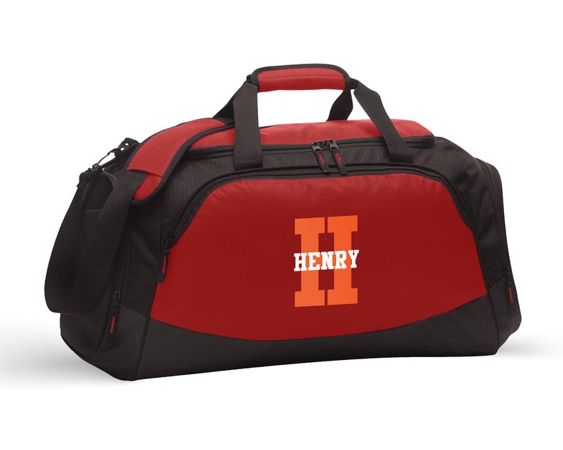 Monogram Sports Gym Duffel Bag Personalized Overnight Bag Gift for Him Mens Workout Bag for Athlete Personal Trainer | FREE SHIPPING Red