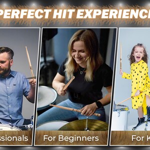Puede incluir: Tres im&aacute;genes que muestran a diferentes personas tocando la bater&iacute;a. La primera imagen muestra a un hombre tocando una bater&iacute;a con dos baquetas. La segunda imagen muestra a una mujer tocando una bater&iacute;a con dos baquetas. La tercera imagen muestra a dos ni&ntilde;os tocando una bater&iacute;a con dos baquetas. El texto "PERFECT HIT EXPERIENCE" est&aacute; en la parte superior de la imagen.