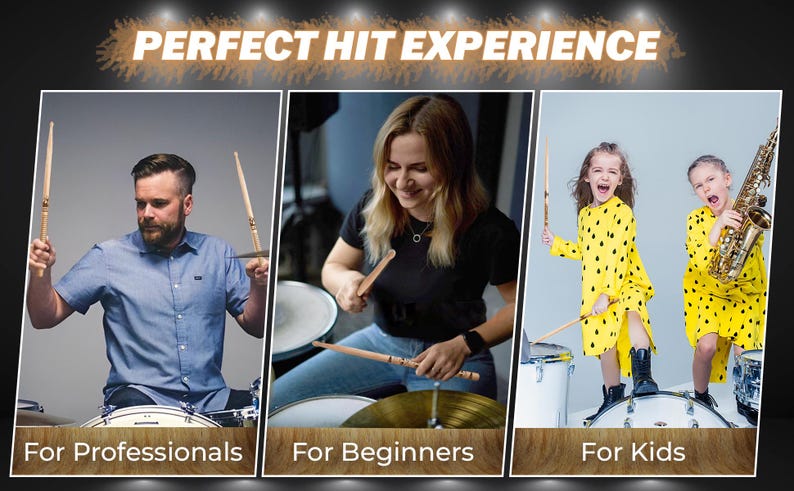 Puede incluir: Tres im&aacute;genes que muestran a diferentes personas tocando la bater&iacute;a. La primera imagen muestra a un hombre tocando una bater&iacute;a con dos baquetas. La segunda imagen muestra a una mujer tocando una bater&iacute;a con dos baquetas. La tercera imagen muestra a dos ni&ntilde;os tocando una bater&iacute;a con dos baquetas. El texto "PERFECT HIT EXPERIENCE" est&aacute; en la parte superior de la imagen.
