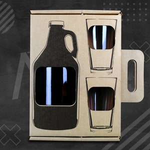 May include: A cardboard gift set featuring a growler and two pint glasses. The growler and glasses are outlined in black, with cut-out windows revealing the dark contents. The set is designed for carrying and gifting.
