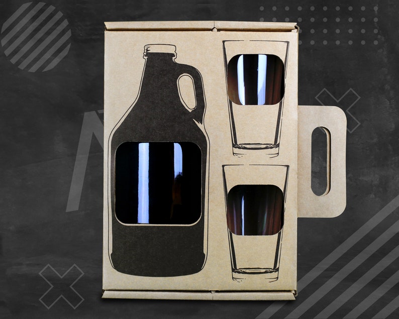 May include: A cardboard gift set featuring a growler and two pint glasses. The growler and glasses are outlined in black, with cut-out windows revealing the dark contents. The set is designed for carrying and gifting.