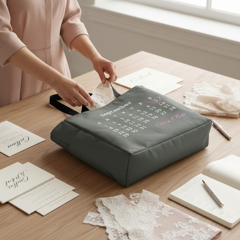 May include: A grey tote bag with a September calendar design and the text "Mrs. Elliott." The bag has a black handle and is surrounded by wedding stationery and lace, suggesting a bridal theme.