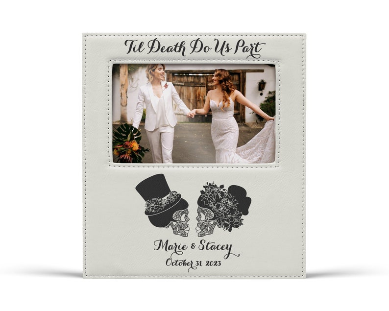 Til Death Do Us Part Sugar Skull Skeleton Bride and Groom Personalized Wedding Picture Frame Anniversary for Couple Gift for Newlyweds Mrs & Mrs White/Blac