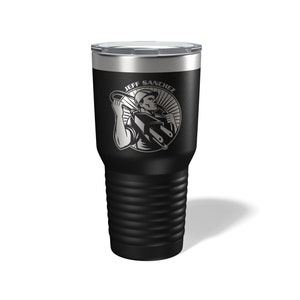 May include: Black stainless steel tumbler with a silver engraved design of a worker holding tools and the text "JEFF SANCHEZ".