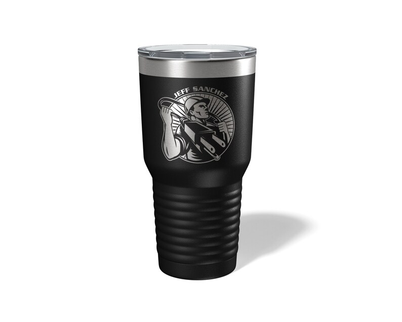 May include: Black stainless steel tumbler with a silver engraved design of a worker holding tools and the text "JEFF SANCHEZ".