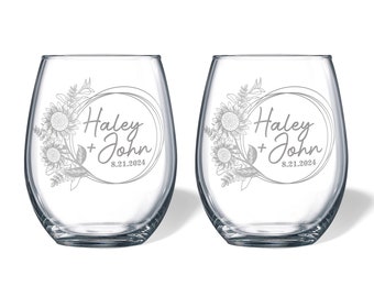 Personalized Sunflower Engraved Wine or Beer Glasses Wedding Anniversary Gift Set for Couple | FREE SHIPPING