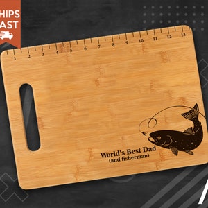 World&#39;s Best Dad Fishing Cutting Board Engraved Bamboo Fish Ruler Fishing Gift for Dad Grandpa Fathers Day Gift Fisherman Gift FREE SHIPPING
