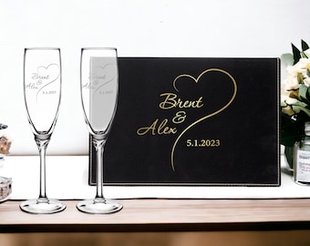 Personalized Heart Champagne Flutes Wedding Day Keepsake Box Wedding Toast Toasting Champagne Glasses Bride and Groom Engraved Gift