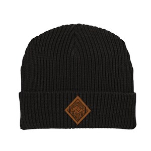 Gorro bordado con parche de cuero y árboles de montaña, gorro PNW, gorros de invierno para clima frío para mujeres y hombres, gorro del Pacífico Noroeste, regalo Black