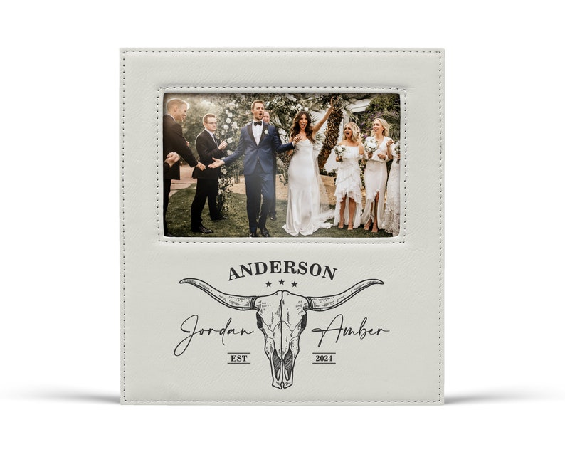 Personalized Picture Frame Gift for Wedding Photo Engagement Gifts for Couple Custom Last Name Gifts Cow Skull Southwest Desert Vibes Cowboy