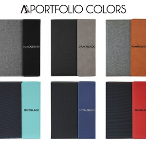 May include: Six different color combinations of a portfolio. The portfolio is made of two different materials, one is a textured fabric and the other is a smooth leather. The color combinations are: Black/Silver, Gray/Black, Rawhide/Gray, Mint/Black, Royal/Silver, and Red/Black.
