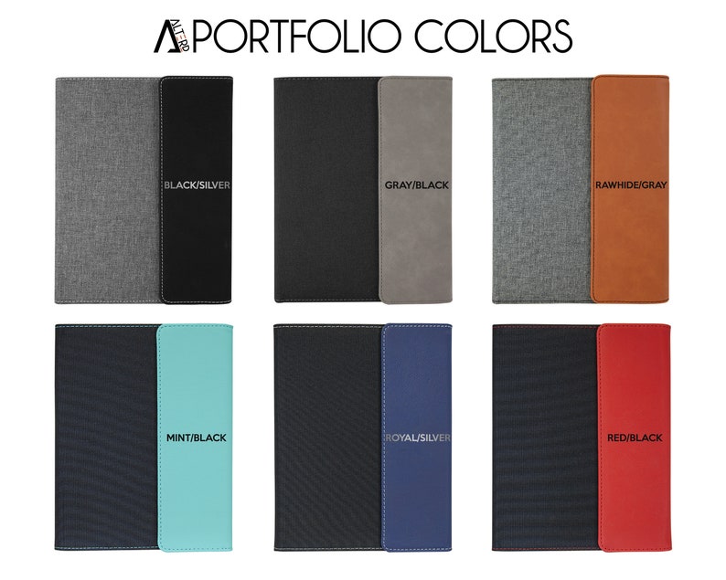 May include: Six different color combinations of a portfolio. The portfolio is made of two different materials, one is a textured fabric and the other is a smooth leather. The color combinations are: Black/Silver, Gray/Black, Rawhide/Gray, Mint/Black, Royal/Silver, and Red/Black.