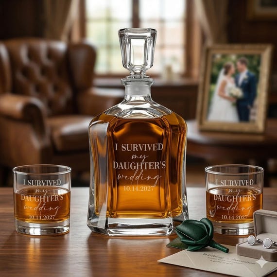 I Survived My Daughter's or Son's Wedding Engraved Whiskey Decanter Set Parents Wedding Gift from Bride and Groom | FREE SHIPPING