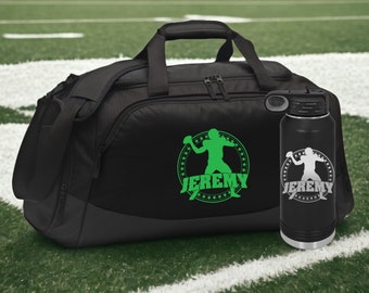 Football Sports Duffel Gym Bag with Shoe Compartment Personalized with Name Football Player Water Bottle Football Gifts for Boys