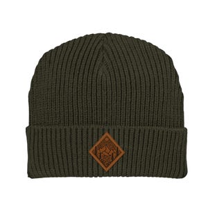 Gorro bordado con parche de cuero y árboles de montaña, gorro PNW, gorros de invierno para clima frío para mujeres y hombres, gorro del Pacífico Noroeste, regalo Army Green
