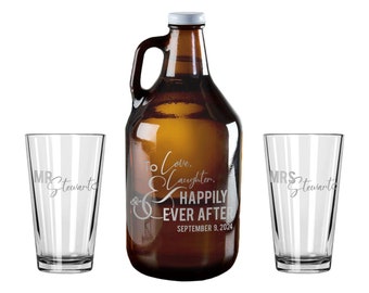 Love Laughter and Happily Ever After Wedding Anniversary Engraved Growler and Beer Glasses Gift Box Gift for the Couple | FREE SHIPPING