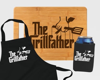 The Grillfather Cutting Board Engraved Bamboo Grilling Gifts for Men Grill Master Mens Apron BBQ Grilling Accessories BBQ Host Gift Set