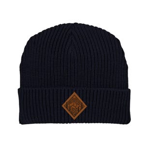 Gorro bordado con parche de cuero y árboles de montaña, gorro PNW, gorros de invierno para clima frío para mujeres y hombres, gorro del Pacífico Noroeste, regalo Navy