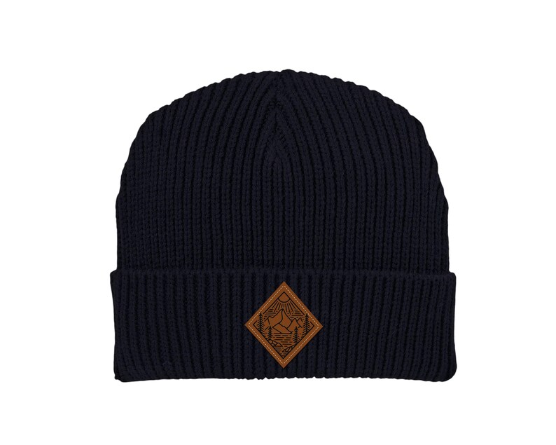Gorro bordado con parche de cuero y árboles de montaña, gorro PNW, gorros de invierno para clima frío para mujeres y hombres, gorro del Pacífico Noroeste, regalo Navy
