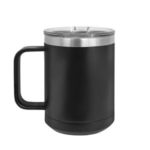 May include: A matte black stainless steel travel mug with a sturdy black handle and a clear, transparent plastic lid. The top rim of the mug features a polished silver-colored metal band, providing a clean contrast to the dark, solid-colored body.