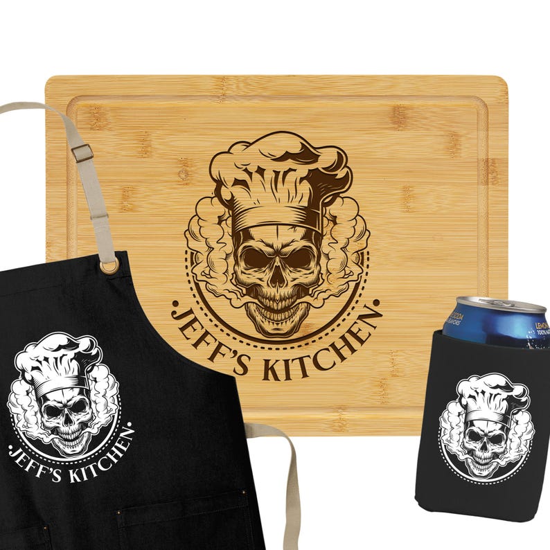 Skeleton Chef Gift Engraved Bamboo Cutting Board Personalized Skull Kitchen Decor for Culinary Gangster Culinary School Gift Board & Apron Set
