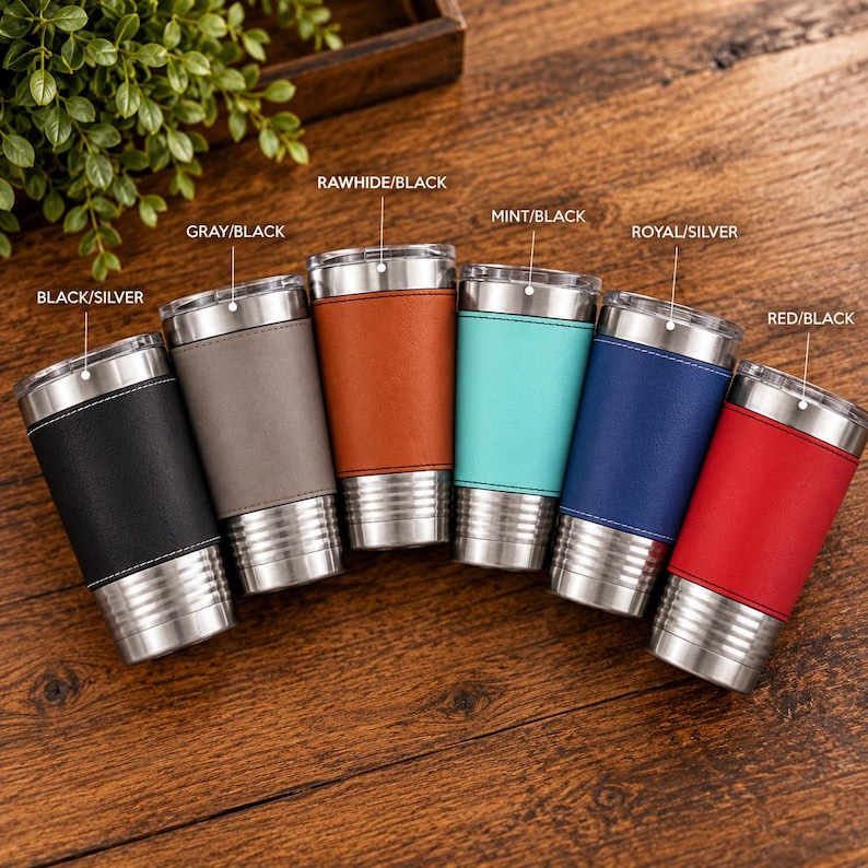 Pu&ograve; includere: Sei bicchieri in acciaio inossidabile con rivestimento in similpelle nei colori nero, grigio, cuoio, menta, blu reale e rosso. Ogni bicchiere presenta bordo e base argentati con etichette che identificano le combinazioni: Black/Silver, Gray/Black, Rawhide/Black, Mint/Black, Royal/Silver e Red/Black.