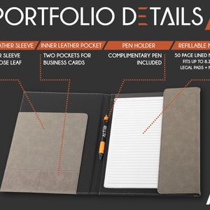 May include: A black and gray leather portfolio with a gray inner sleeve, two pockets for business cards, a pen holder, and a refillable notepad. The notepad is 8.25 inches by 11.75 inches and fits legal pads and notepads.